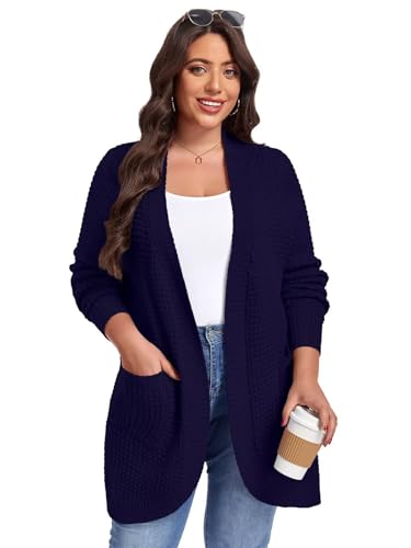 Image of LARACE Long Cardigans for Women Plus Size Tops Open Front Sweaters with Pockets Waffle Ribbed Sleeve Loose Fall Outwear