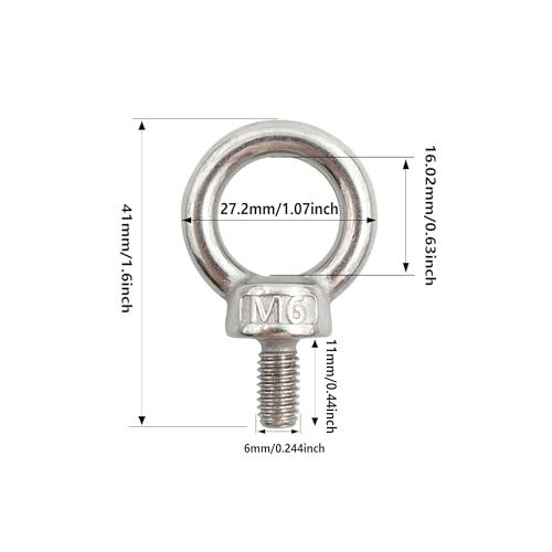 Image of 6PCS M6 Lifting Eye Bolt, Stainless Steel Male Thread Eye Bolts, Heavy Duty Screw Ring Shaped Eye Bolt