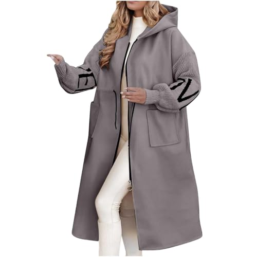 Women's Hooded Long Sleeve Knitted Sleeves Patchwork Casual Jacket, Letter Knitted Casual Drawstring Waist Outerwear