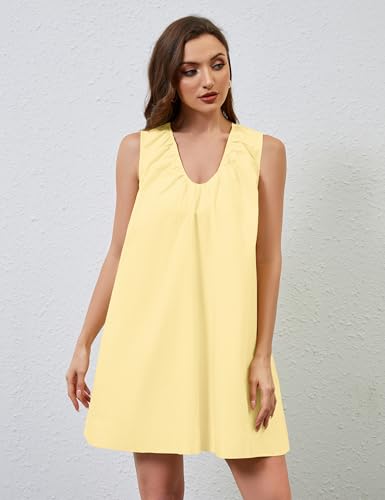 Image of MISSACTIVER Women's Sleeveless Babydoll Tank Mini Dress Scoop Neck Ruched Short Dress with Side Pockets Summer Party Dresses Yellow