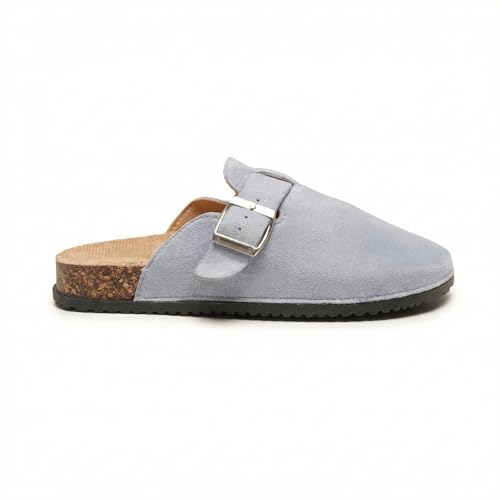 GLAMORA Zuecos Mujer Cerrados con Hebilla Ajustable, Ante, Planos, Cómodos, Casual, Plantilla Anatómica de Corcho, Suela Antideslizante, Sin Cordones azul-41