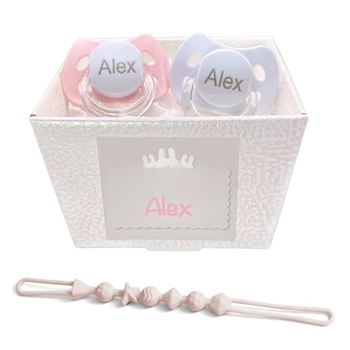2 Chupetes Personalizados + Chupetero de Silicona para Bebé | Set Recién Nacido 0-6 Meses | Tetina de Silicona Libre de BPA | Caja Regalo Personalizada con Nombre (Rosa) | Bebé de París