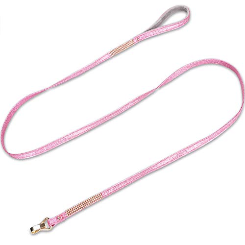 Image of Dog Leash, Pet Leash, [Bling Rhinestones] Premium PU Leather Durable and Soft 5 FT Leash for Control Safety Training, Walking Lead for Small to Medium Dogs Pink