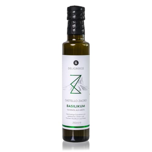 DELIGREECE - Castello Zacro Basilikum-Olivenöl | Kaltgepresstes Olivenöl mit frischem Basilikum. Fruchtiges Basilikum Öl aus Kreta, ideal für Salate, Pasta & kalte Küche | 250ml