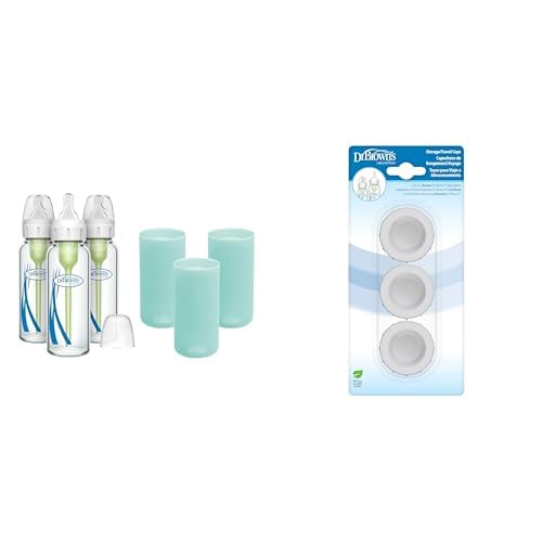 Dr. Brown's Anti-Colic Options+ Narrow Glass Baby Bottles 8oz and Level 1 Slow Flow Nipple, 3-Pack 0m+ and Mint Silicone Sleeves and Storage/Travel Caps, BPA-Free, 3-Pack
