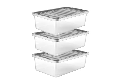 32L Underbed Clear Plastic Storage Boxes with Silver Lids â