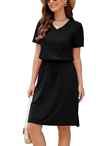 HUSKARY Women Summer Casual Midi Dresses Short Sleeve V Neck Drawstring Knee Length T Shirt Dress with Split and Pocket3