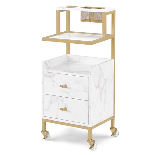 Barberpub Carro de peluquería con ruedas y 2 cajones, carrito de servicio blanco y dorado, carrito de salón con 2 estantes y soporte para secador de pelo, moderno carrito de trabajo para baño o salón