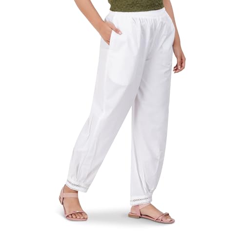 Image of Happy Bunny Women's Cotton Afghani Salwar with Lace Embroidery Detailing - Elastic Waist, Comfortable Loose Fit Bottoms for Casual, Ethnic