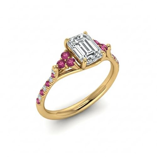 Image of Choose Your Gemstone Emerald Cut Petite Cathedral Diamond CZ Ring Yellow Gold Plated Emerald Shape Petite Engagement Rings for Women, Girls and Ladies US Size 4 to 12