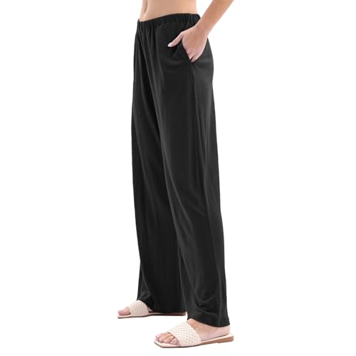 Amazhiyu Womens Linen Knit High Waist Elastic Wide Leg Lounge Pants with Pockets2