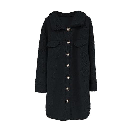 Chaqueta de peluche larga para mujer, elegante chaqueta de invierno, abrigo cálido con botones, abrigo de invierno, forro polar, chaqueta de entretiempo, Negro , M