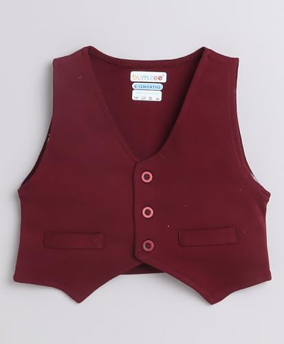 Image of BUMZEE Boys Regular Fit Full Sleeves Collar Neck Cotton Shirt Waistcoat Short Set with Applique Bow