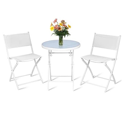 COSTWAY Conjunto Mesa y Sillas Jardín Plegable con 3 Piezas, Mesa y 2 Sillas Terraza con Estructura de Metal y Vidrio, Set de Bistró Sillas y Mesa Redonda para Interior/Exterior Blanco