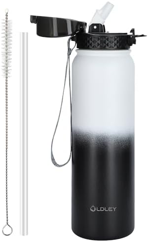 OLDLEY Stainless Steel Water Bottle with Straw 1L Vaccum Insulated Large Drink Flask Metal Water Bottles 1 Litre Leakproof Keep Drinks Hot Cold for Bike Camping Sports Gym Adult Women Men