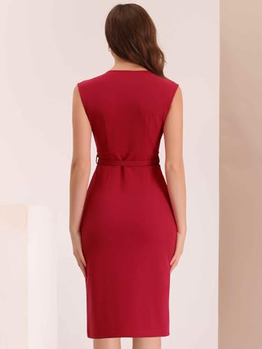 Image of Allegra K Business Dress for Women's Pencil Sheath Work Dress | V Neck Knee-Length Sleeveless Dress With Belted