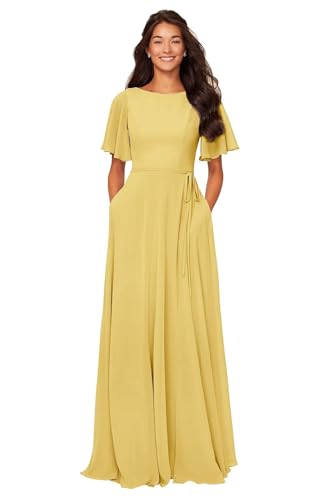 Image of petyoo Chiffon Flutter Sleeve Bridesmaid Dresses with Pockets Sash Long A Line Formal Dress