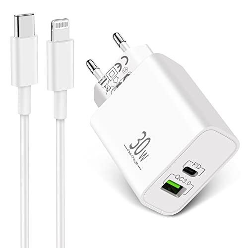 LUOSIKE Cargador USB C 30W y Cable iPhone 2m, Adaptador Corriente 2 Puertos con Cable USB-C a Lightning, Enchufe Cargador Carga Rápida Compatible con iPhone 14/13/12/11/Pro MAX/Mini/SE/XS/XR/X/8 Cover