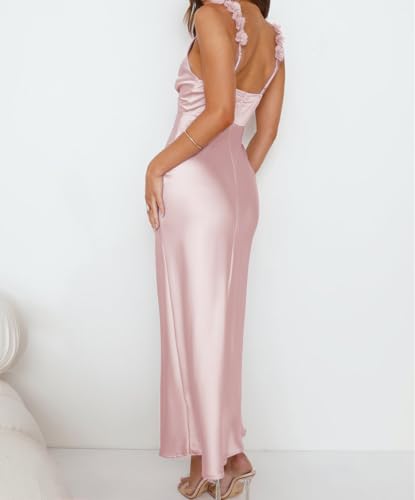 Image of Phicia Summer Satin Spaghetti Strap V Neck Midi Dresses for Women Wedding Guest Elegant Flower Backless Cocktail Formal Dress