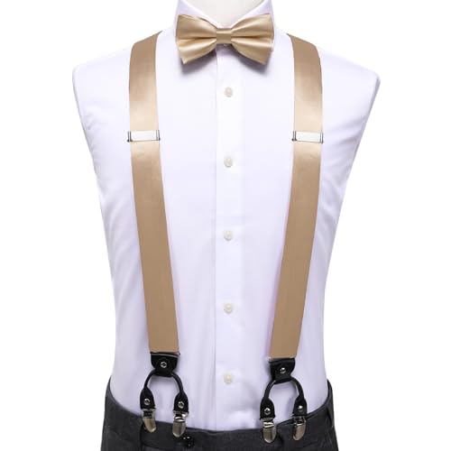 Image of Hi-Tie Men Suspender Bowtie Set Suspenders Pre-tied Bow Tie Pocket Square Cufflinks Adjustable Y Shape 6 Clips Braces Tuxedo