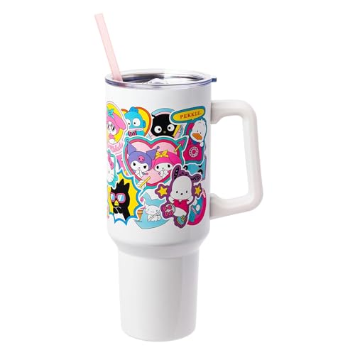Silver Buffalo Sanrio Hello Kitty & Friends Cinnamoroll, Kuromi, Chococat, Badtz-Maru, Keroppi, Sticker Double Walled Stainless Steel Tumbler w Handle and Straw, Fits in Standard Cup Holder, 40 Ounces
