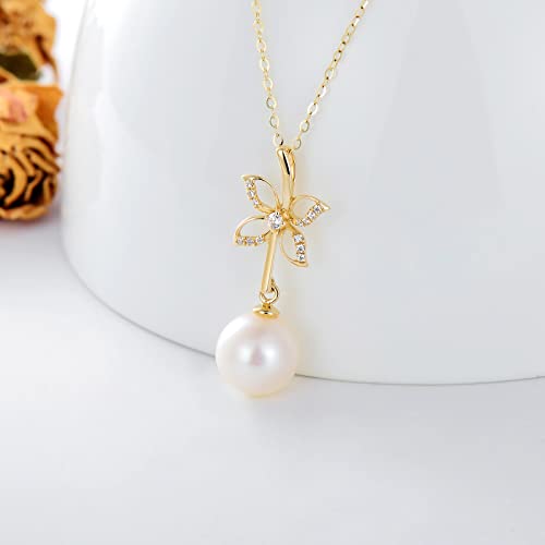 14K Real Gold Pearl Pendant Necklace for Women,Yellow Gold Butterfly/Crown/Flower Pearl Necklaces Christmas Birthday Jewelry Present for Wife Mom Girlfriend 16''-18''3