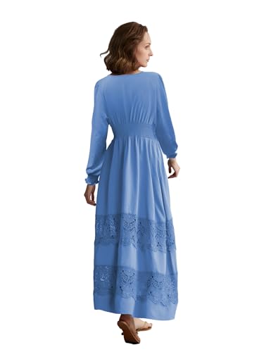 Image of Olaesa Long Sleeve Boho Maxi Dress for Women Lace Wedding Guest Dress | Spring Fall Bohemian Dress, Long Flowy Family Photo Dress with Pockets, V Neck Long Western Vacation Outfits