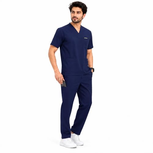 Image of Unisex Medical Scrub Suit Set, V-Neck Top with Pants, Short Sleeve, Polyester Cotton Blend, 7 Pockets, Regular Fit, Hospital Doctor Nurse Uniform