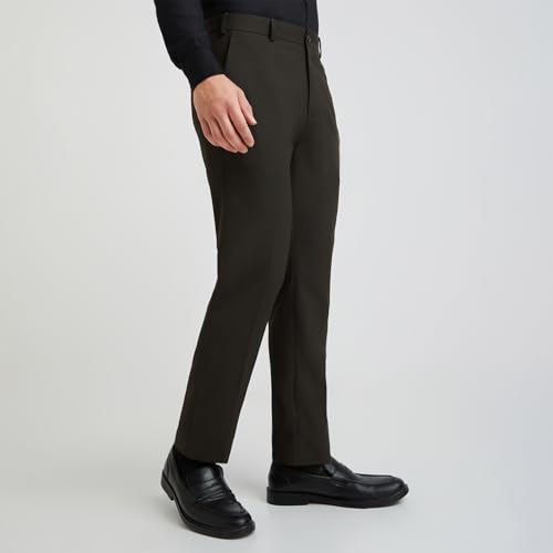 Image of Raymond Men's Slim Fit Mid Rise Solid Pattern Polyester Viscose Blend Flat Front Trouser