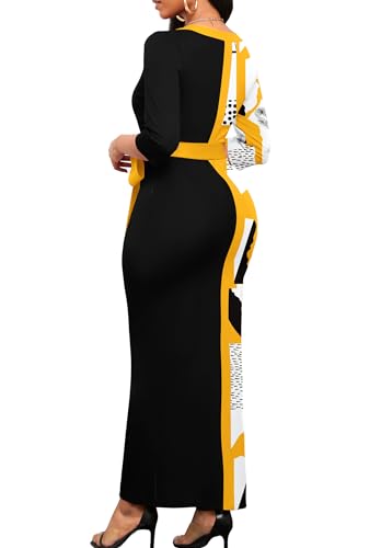 Image of Nmoder Long Maxi Dress for Women, Pencil Church Bodycon Dress Front Split | 3 /4 sleeve v neck, curvy tea party work semi formal cocktail funeral date bridesmaid dress, colorblock, m-3xl