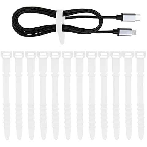 Neepanda 12 Pack Reusable Cable Zip Ties, 4.5 Inch Elastic Silicone Cord Organizer Straps for Bundling and Organizing Phone Charging, Cable Wire, Headphones, Management Home Office Table (White) Cover