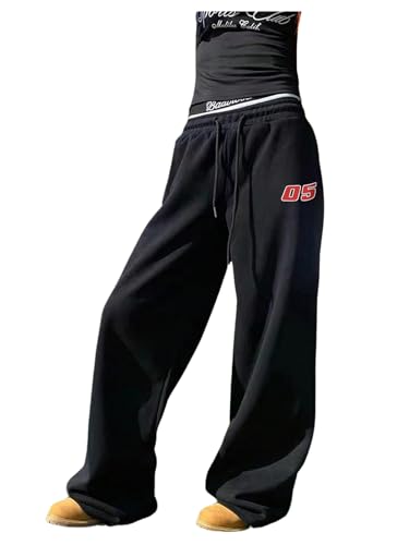 GORGLITTER Women's Baggy Sweatpants Y2k Wide Leg Stacked Sweatpants Number Graphic Workout Jogger Pants