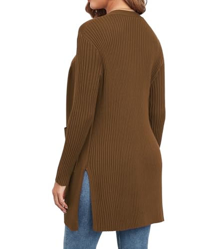 Image of Women's Cardigan Sweaters V-Neck Long Sleeves with Two Pockets Side Split Hem Open Front Knit Casual Cardigan