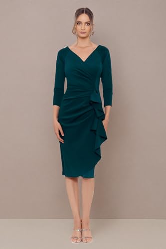 Image of Xscape Women's 3 /4 Sleeve V-Neck Side Ruched Midi Dress