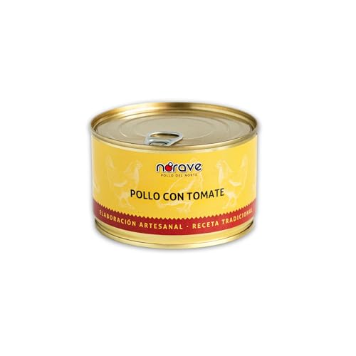 Norave Pollo con Tomate - Carne de Pollo en Conserva 400g x 7 Unidades | Receta Tradicional Española | Rica en Proteína | Comida Preparada Lista para Servir |