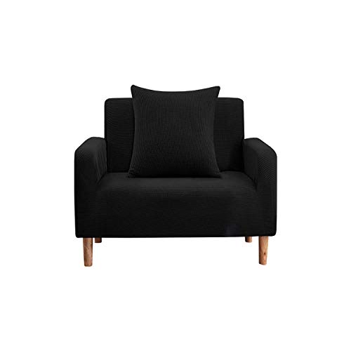 Trimming Shop Velvet Stretch Armchair Covers, Spandex Stretchy Couch Slipcovers, Universal Settee Furniture Protectors for Living Room, Fitted Non-Slip Thick Covers, Machine Washable, Black, 1 Seater