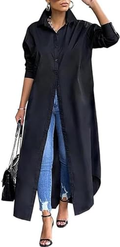 Women's Long Sleeve Button Down Shirt Dress V Neck Loose Fit Casual Shirt Maxi Dresses Long Cardigans with Pockets (Black,XL)