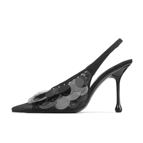 Goolita Women's Slingback Stiletto High Heels Closed Pointed Toe with Sequin Embellished Mesh Pumps Slip On Party Evening Pumps Shoes