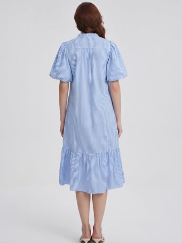 Image of Summer Floral Midi Dress for Women Spring Puff Short Sleeve Button Down Flowy Boho Dresses