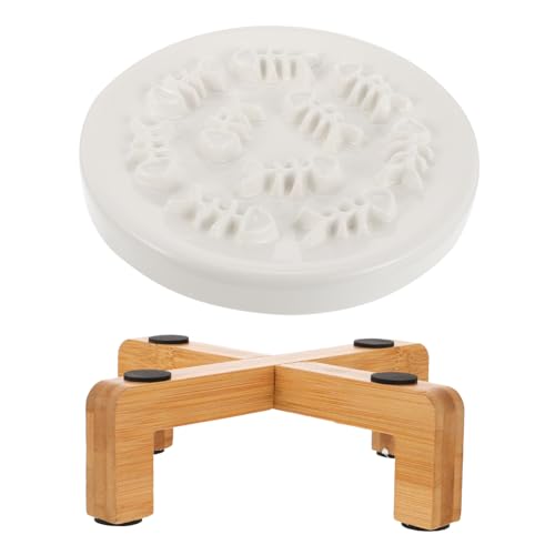 ERINGOGO 犬用スローフィードボウル セラミック製 加高設計 首保護 早食い防止 消化促進 木製スタンド付き 小型犬子犬向けペット食器