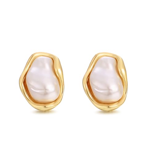 RAUCHBE 14k Gold Plated Baroque Pearl Stud Earrings For Women Irregular Chunky Pearl Earrings Pearls Wedding Earrings Trendy Jewelry