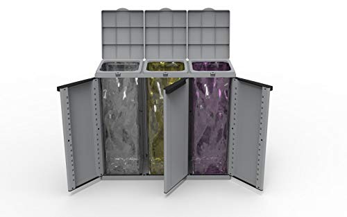 Kreher XXL Gartenschrank, Müllbox mit 3 Türen und Halterung für Müllsäcke. Aus Kunststoff in Grau. Mit Deckel und Türen… – Bild 4