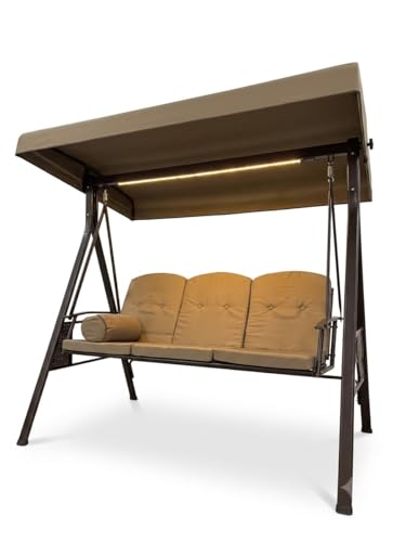 Image of INVEZO Luxury LED 3 Seater Garden Swing for Adults with Adjustable Canopy & Ambient Light | Heavy Duty Powder Coated Steel Frame | Waterproof Cushions | Outdoor Jhula for Balcony, Patio & Terrace