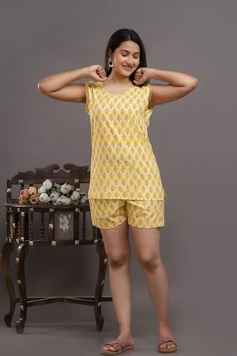 Image of Women's Cotton Printed Night Suit Set of Top & Shorts Sleeveless Women's Lounge Wear Set