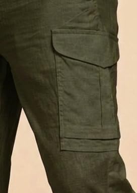 Image of Vogaan Men Cotton Linen Blend Cargo Pants | Mid Rise Regular Fit Casual Trousers | Multi Pocket Utility Bottom Wear | Comfortable Breathable Fabric Travel Outdoor Styling