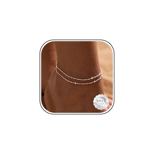JUANKIKI 925 Sterling Silver Anklets for Women Adjustable Layered Waterproof Anklet Dainty Beach Ankle Bracelets for Women