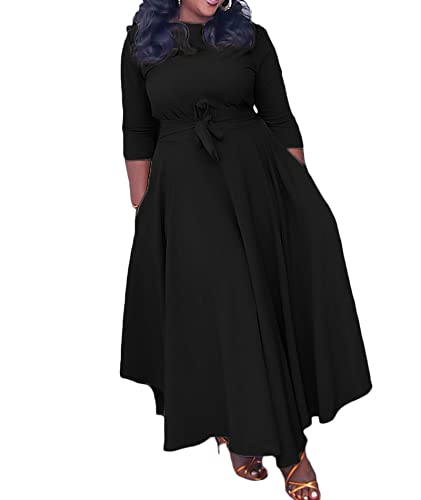 Image of SOMTHRON Women's Casual 3 /4 Sleeve Long Maxi Dress A-Line Flared Solid Wrap Tie Waist Swing Dresses