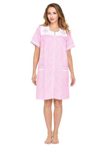 Image of Casual Nights Women's Snap - Front House Dress Short Sleeve Woven Housecoat Duster Lounger Robe with Pockets