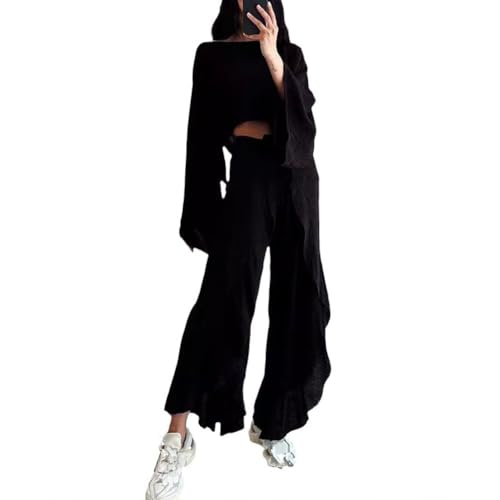 Women's Fashion Two Piece Set Long Sleeved Loose Short Top and High Waist Ruffled Slit Pants