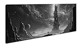 Fabrication 100 % allemande Personne devant un arbre en forme de tour sous la lumière du cosmos. Panorama 100 x 50 cm. Effet : noir et blanc comme image sur toile, motif prêt à être encadré sur un cadre en bois véritable,